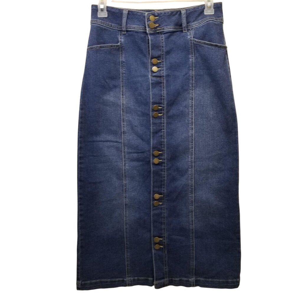 EST 1946 Blue Jean Denim 8 Skirt Faux Button Up Front Pockets‎ Belt Loops